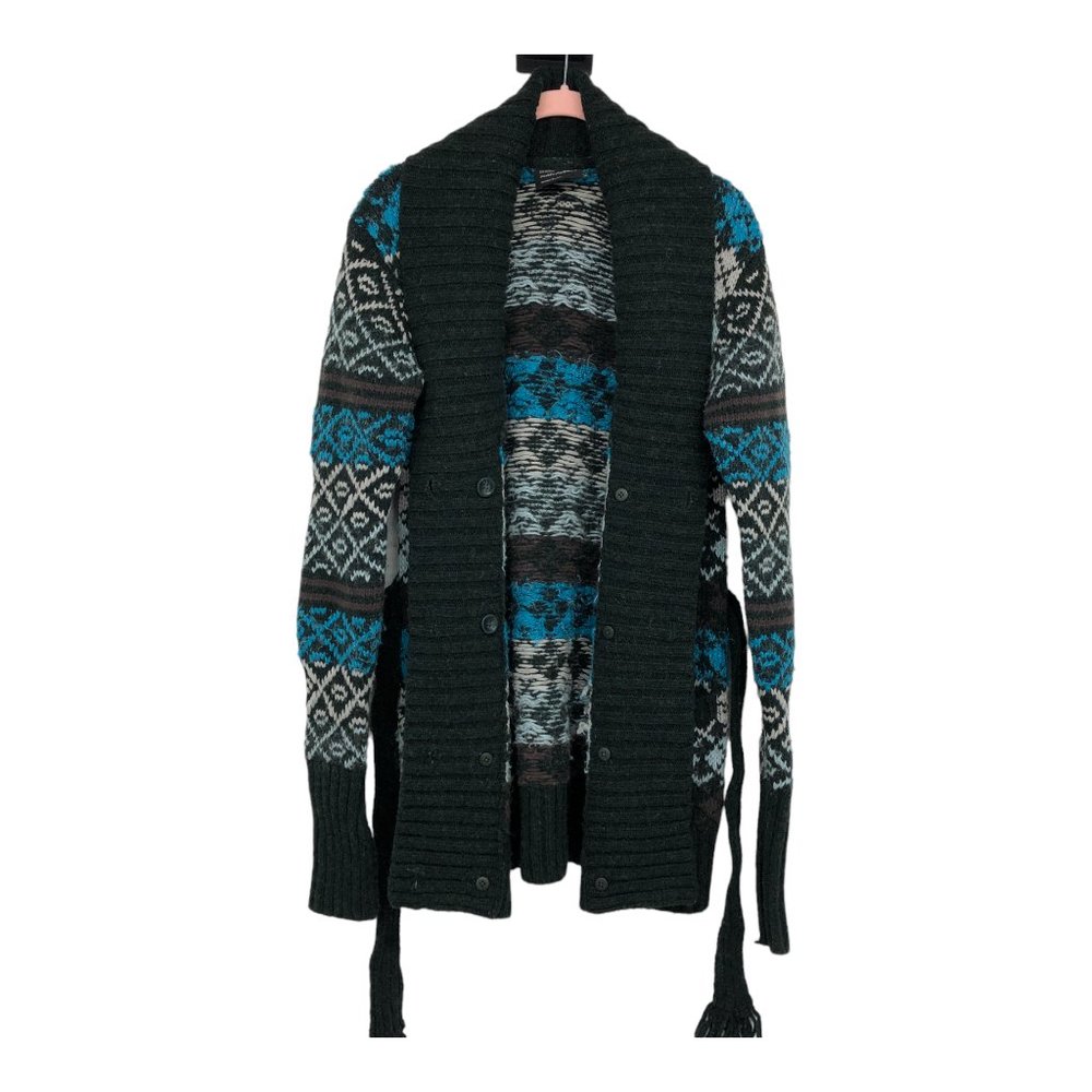 Peak Performance Blue Grey Multicolor Argyle Sweater Cardigan waist tie size M